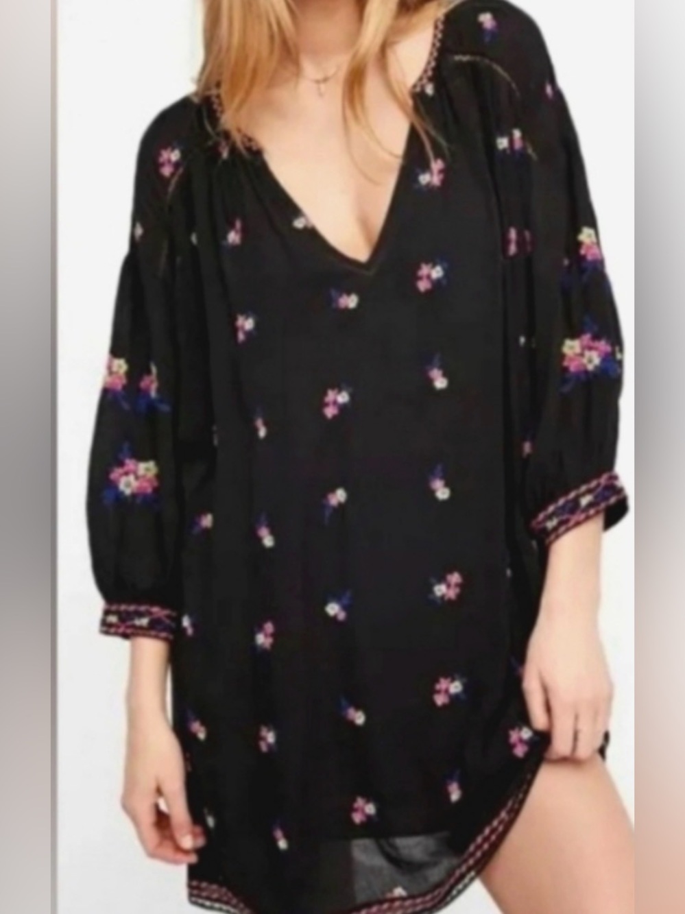 Free People Black Floral V-Neck Peasant Tunic/ Dress